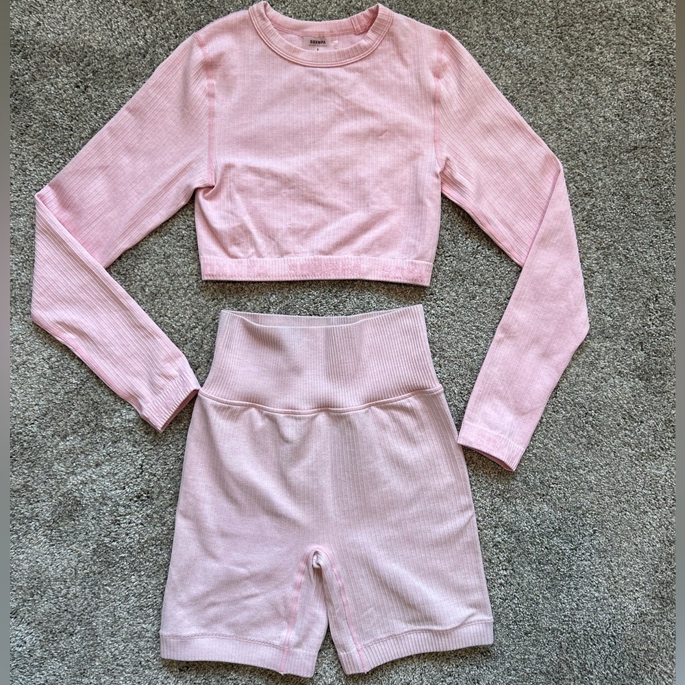 White Fox Pink Ribbed Workout Set